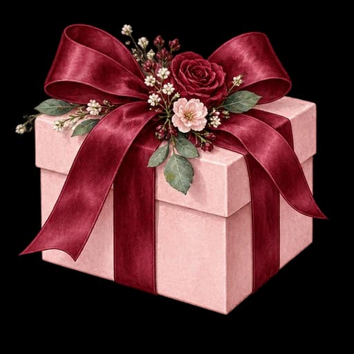 A pink gift box tied with a wide ribbon and a few flowers